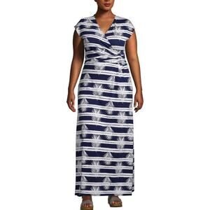 LANDS' END Women's Plus Navy Palm Leaf Cap Sleeve Surplice Wrap Maxi Dress Sz 1X